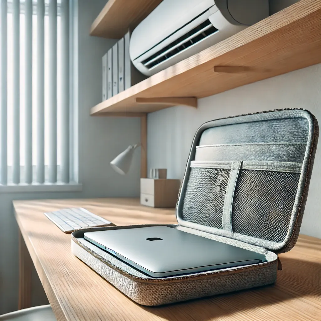 It shows a clean, organized workspace with the laptop properly stored in a soft case