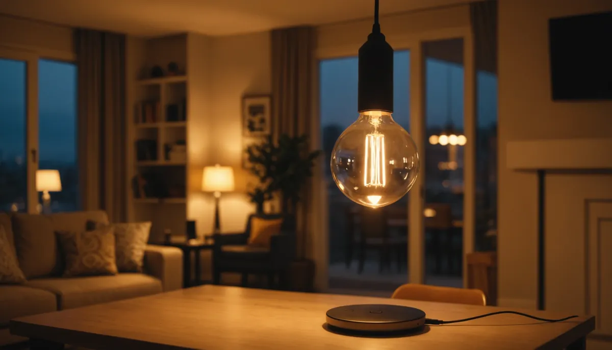 Close-up view of a smart lighting fixture casting warm light in a cozy living room