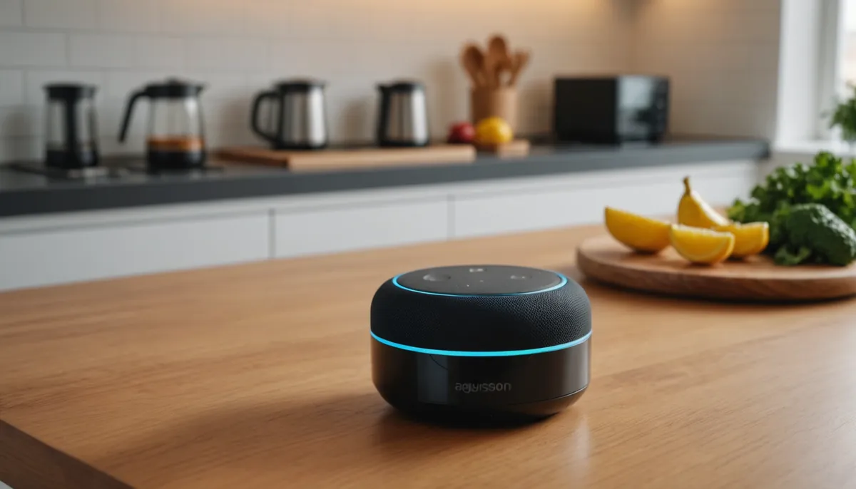 High angle view of a smart speaker device on a kitchen counter