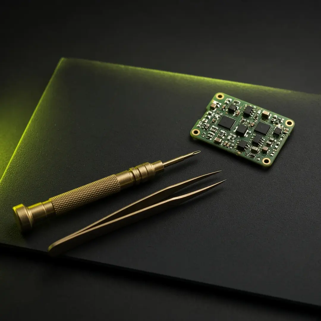 Illustration of a green circuit board with chips and traces